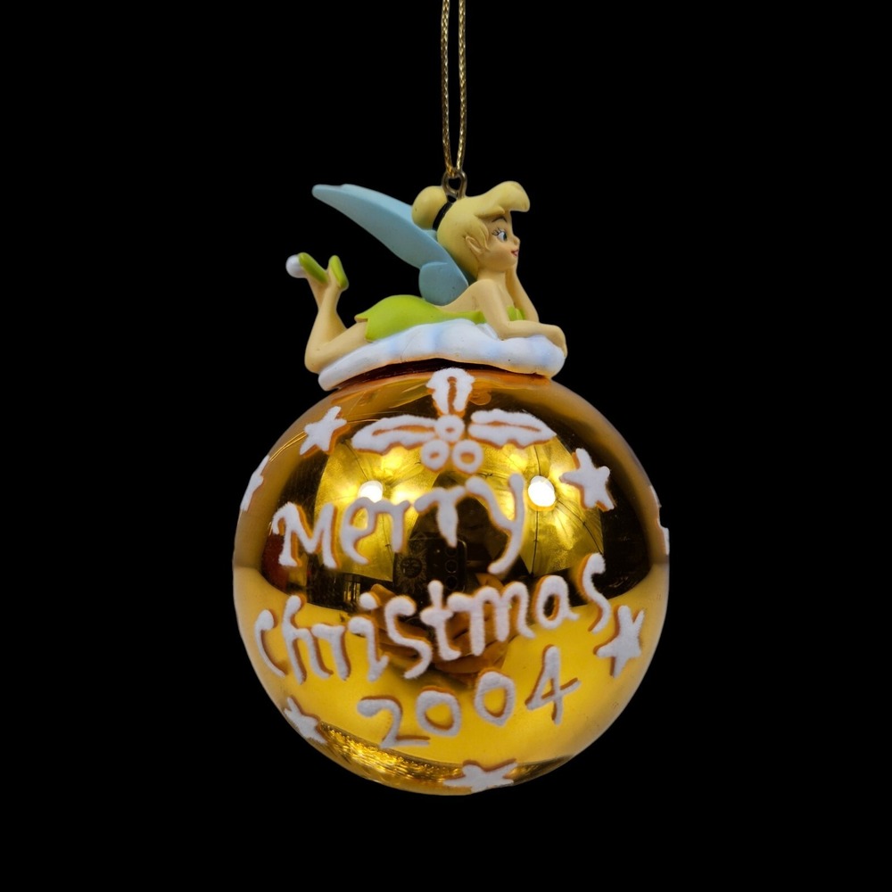 2004 Disney Tinker Bell Merry Christmas Glass Ball Ornament Gold Velvet Letters